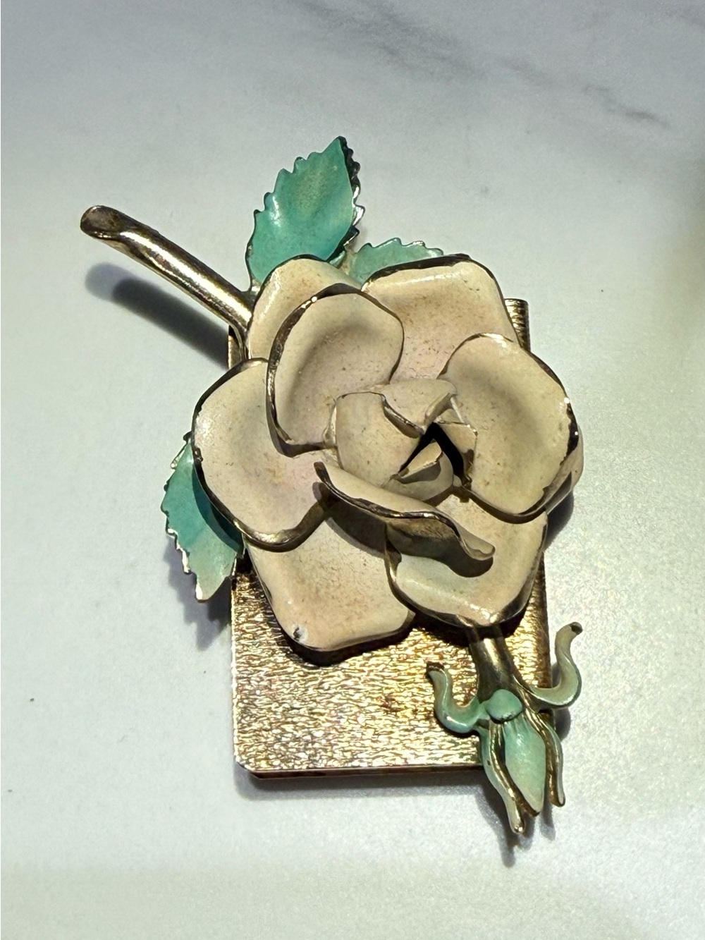 Vintage Original Enameled Flower on a Gold Tone Match Box Cover with Match Box